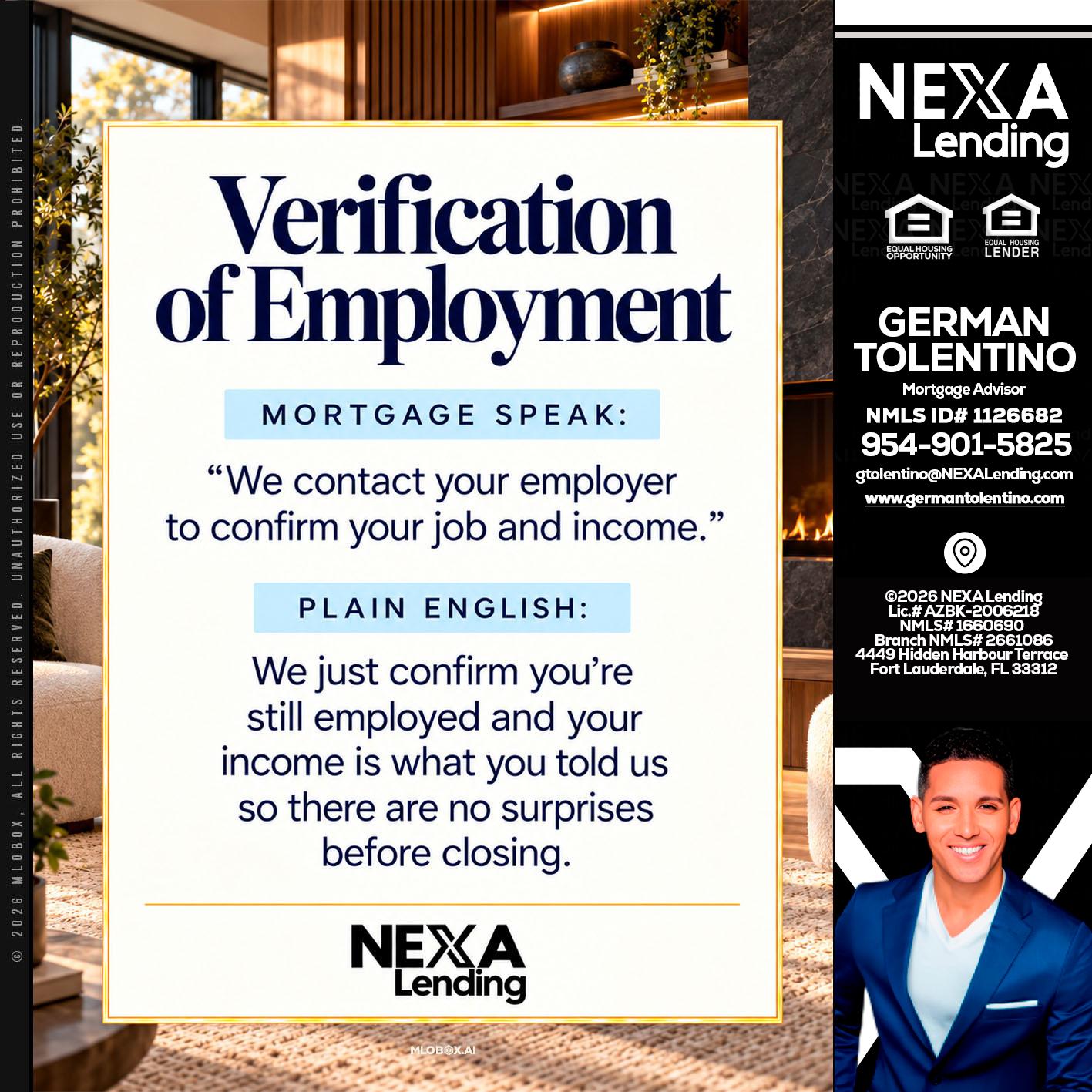 VERIFICATION OF EMPLOYMENT - German Tolentino -Mortgage Advisor
